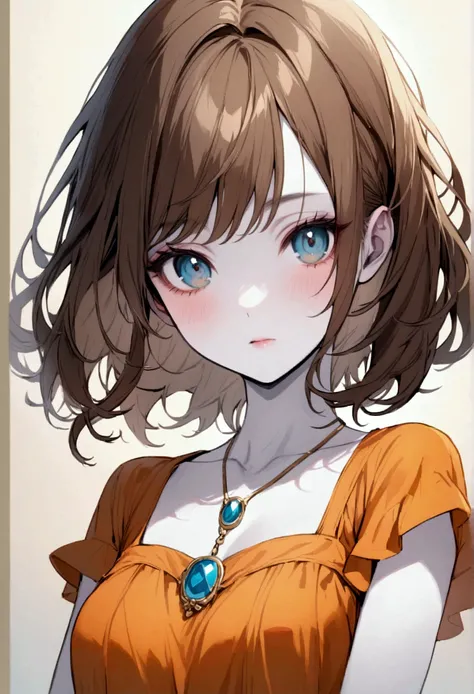 pretty girl, White skin, one brown eye and one light blue eye, Short hair with a brown ponytail and a turquoise lock in the middle of the hair and a short orange shirt.