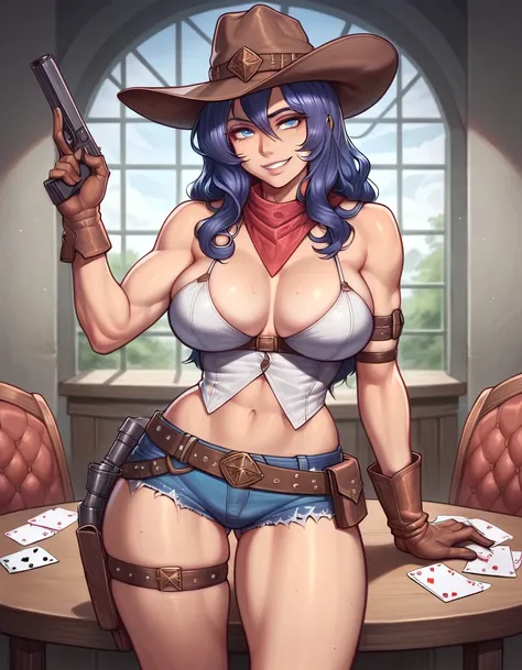 1 woman, long wavy raven hair, pale complexion, blue eyes, big breasts, shiny skin, curvy figure,wearing a sexy cowboy outfit, neckerchief, cowboy hat, mini shorts, cowboy boots, cleavage, gloves, holster, gun belt, belt, thigh strap, dynamic pose, dramati...