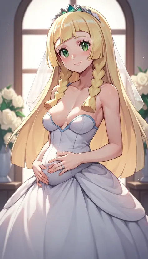 ((masterpiece,best quality)), absurdres, Lillie_Pokemon, solo, looking at viewer, cowboy shot, indoors, cinematic composition,  (young:1.9) (breasts:1.3) short ((pregnant:0.7)) smile, wedding dress, wedding ring,