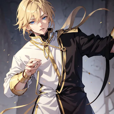 Anime attractive man, 20 year old, blonde hair, very very short ponytail, tall, muscular, white relatively tight mage tunic, black gloves, thin gold lining, solo, one person, knight, gold arm bracers, masculine face