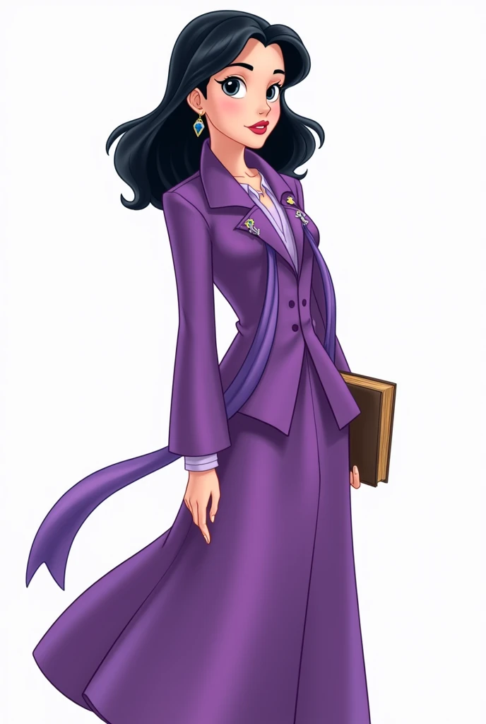 Disney-type image with a white background, a young woman with medium-short black hair, a purple suit, a long skirt and blouse, and a purple scarf around her neck, and a book in her hand 