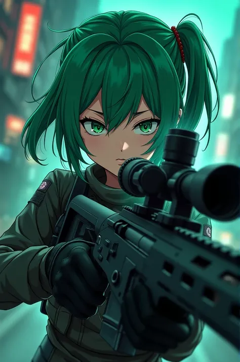 Green-haired sniper anime image that can be used as a Facebook cover.