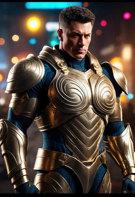 Super strong and muscular hero, soldier, armored heterosexual with metallic and gold space combat armor. Extreme attention to fine details and realistic textures. Vibrant and accurate colors.
Cinematographic lighting. Photographic hyper-realism. High quali...