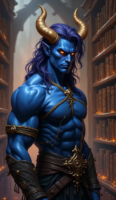 High-fantasy concept art. full body shot. Blue-skinned young muscular male tiefling with smooth, clean shaven face, a prominent very sharply pointed chin, swept back shoulder length dark purple hair, golden horns, and brightly shining golden eyes in a myst...