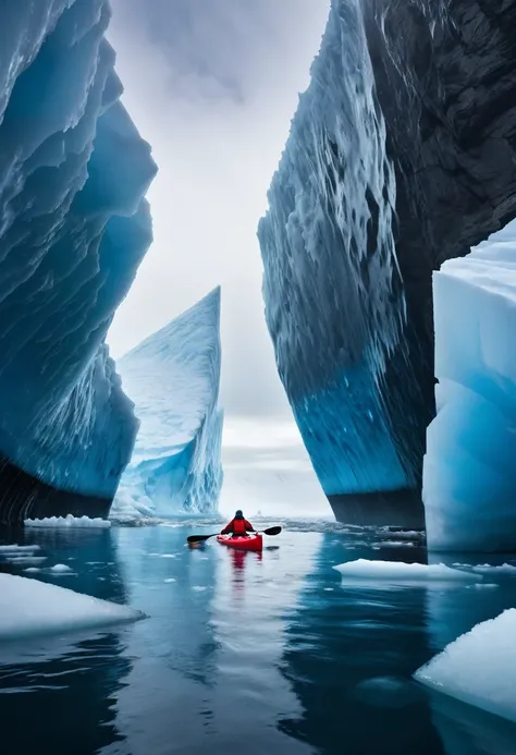 A captivating photograph of a fearless kayaker navigating the frigid waters surrounded by a towering iceberg. The kayaker dons a vibrant red and blue outfit, striking a stark contrast against the monochromatic, icy landscape. The background is a mesmerizin...