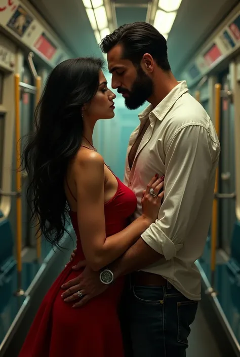 A beautiful woman with long black hair and elegant red dress, seductive, provocative and sexy in a seedy subway with a man with a beard and lots of hair on his chest and belly and a white shirt, his white shirt unbuttoned 