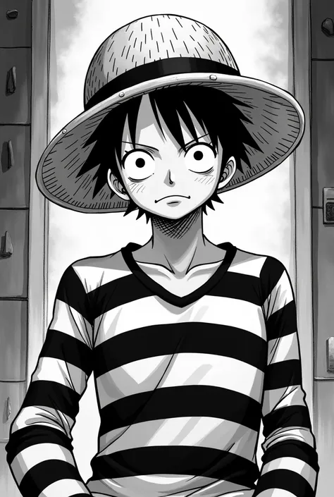 Monkey D. Luffy in prison uniform black and white striped long sleeves Original anime One Piece