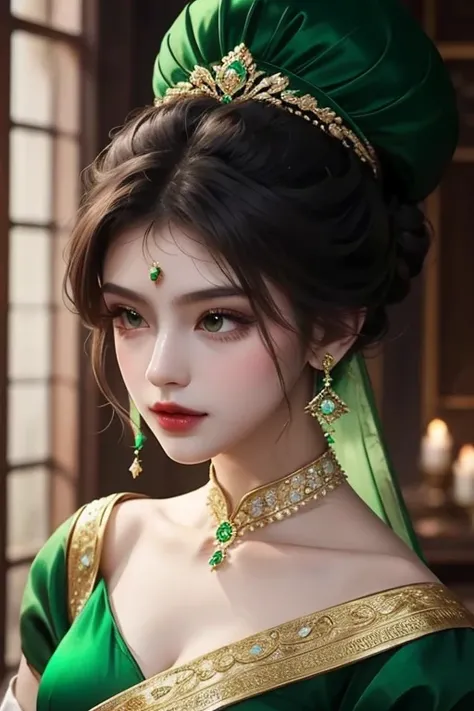 A girl in an emerald dress with dark hair in a beautiful bun hairstyle and a bunch of emeralds