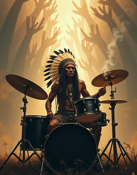 a sullen Indian smokes a peace pipe in a feather headdress plays a big rock drum kit and behind him many human souls fly into the sky, the indian looks straight ahead, drum set black two cymbals and 3 drums