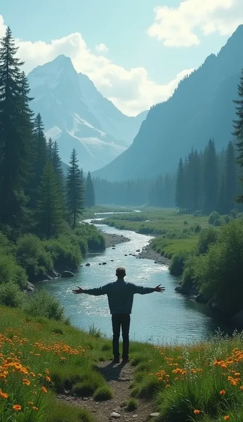 Ultra-realistic image in 8k, a person in a field overlooking a stream running between mountains with trees and flowers around a phenomenal place, This person has open arms symbolizing the search for hope, a darker shade