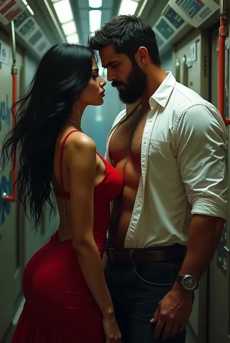 A beautiful woman with long black hair and elegant red dress, seductive, provocative and sexy in a seedy subway with a man with a beard and lots of hair on his chest and belly and a white shirt, his white shirt unbuttoned 