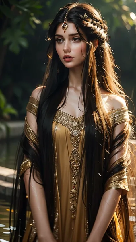 araffeed woman wit, very long very very wet flowing hair, really long, extremely long wet hair, extra long wet hair, elaborate long wett hairstyle, indian empress, elaborate long black wet hairstyle, long wet hair, indian, long hairs, indian style, long lo...