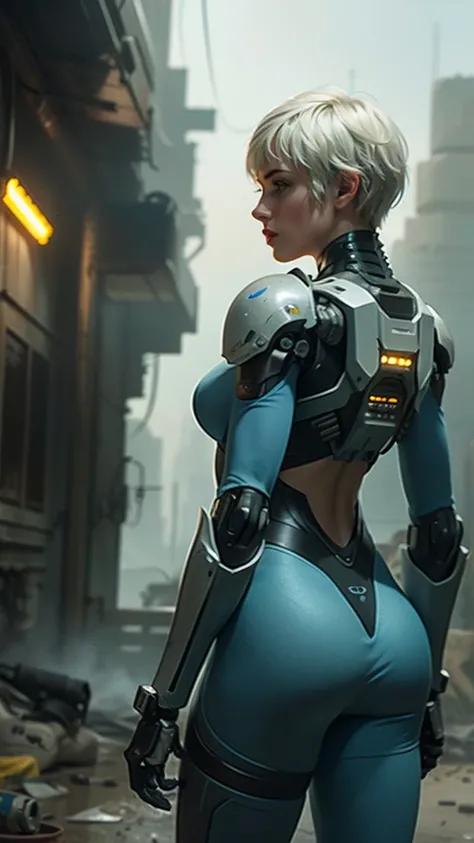 Cinematic film still, rear angle, of a [Cyborg|woman] soldier with short white hair, mechanical joints, wearing futuristic cyberpunk combat armor, dirt on armor, scuff marks, cyber optics, (big ass), standing, ambient light], serious expression, detailed f...