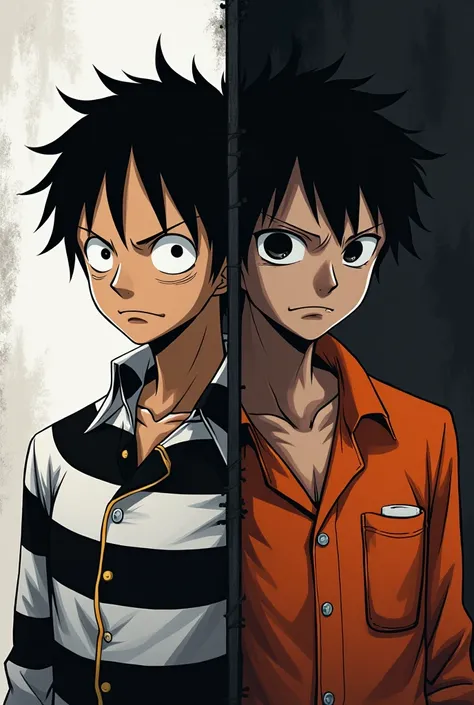 Monkey D. Luffy in a black and white striped long-sleeved prison uniform and Monkey D. .... Luffy in orange prison uniform Original anime One Piece