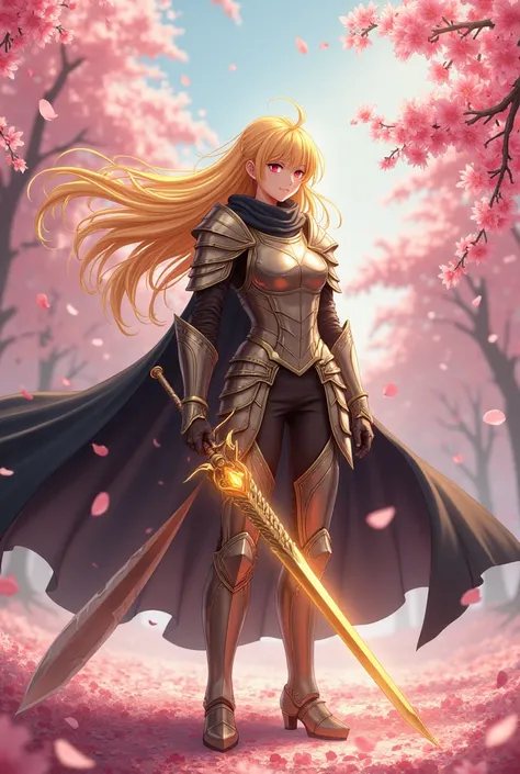 Anime style image of a golden-haired female knight wearing warrior armor and a black cloak, holding a large sword with a golden energy aura, standing on a battlefield full of cherry blossoms.