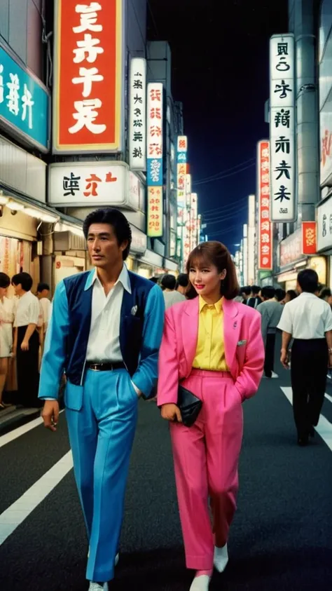 1. 1980s nighttime Tokyo scene, neon-lit streets, men and women in colorful clothes with shoulder pads, city pop atmosphere