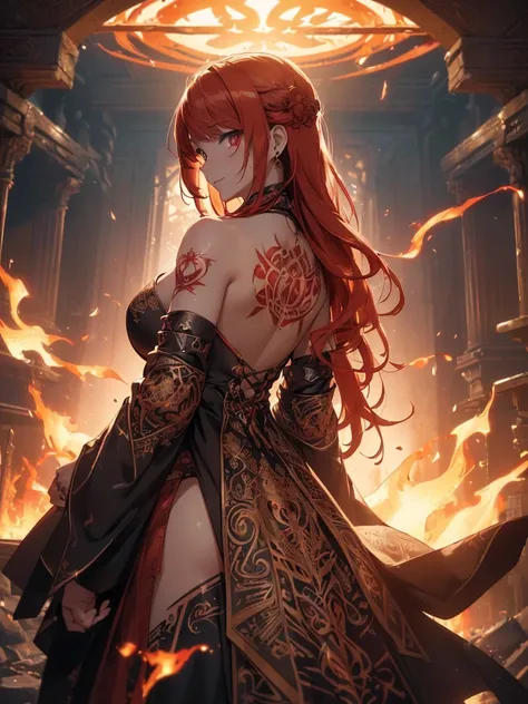 (((best quality, sharp image, clear image, cinematic lighting, 8k resolution, masterpiece, ultra detailed, intricate))) Girl, (((looking over left shoulder))), (shot from behind), fire mage, ((intricate background)), ((chaotic background)), red hair, smili...