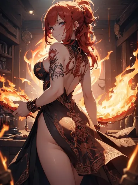 (((best quality, sharp image, clear image, cinematic lighting, 8k resolution, masterpiece, ultra detailed, intricate))) Girl, (((looking over left shoulder))), (shot from behind), fire mage, ((intricate background)), ((chaotic background)), red hair, smili...