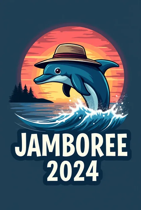 A flannel logo featuring a dolphin wearing an explorer&#39;s hat coming out of the water, with a sunset in blue and purple tones, and below have a text box in capital letters that says JAMBOREE 2024 Using this image created 