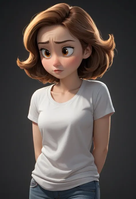 woman (((Caucasian, light brown hair, brown eyes))), (((slightly fat))) front, with flapping left arm, slumped shoulders, (look downcast), (((very sad expression))), depressed, (((white t-shirt))), (((black background, black background color))) ((pixar sty...