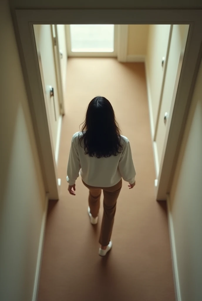 Overhead view of Claire, a brunette woman in her 30s with black hair (wearing a white shirt and brown pants), walking towards a bedroom door at the end of the hallway. The light is soft, with light walls and a subtle carpet visible. Claire is in motion, wi...