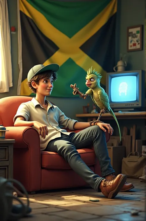 A young man with a cap on his cap sits a cockatiel. The man sits on an old couch next to him a goblin soe smoking together grass in a shisha. A Jamaica flag hangs on the wall. The room is dirty and there is a TV in the background playing a video game