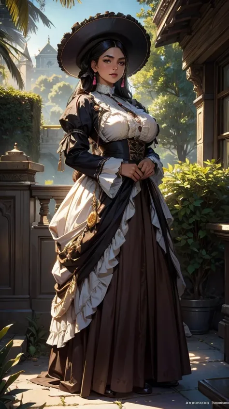 realism, really dark complexion very attractive adult hispanic woman, beauty marks, photorealistic victorian era native clothing...