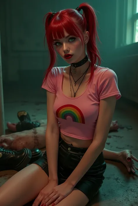 Sexy serial killer with red ponytail with side swept bangs, green eyes, and glossy red lips curled into a smile.  A tight pink short sleeve shirt with a rainbow and a leather miniskirt, doc marten boots. She is strangling of her victims.  Bodies of her pas...