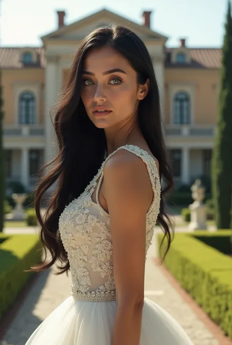 Young, beautiful woman, 22 years old, long black hair and bright blue eyes. She is wearing a luxurious wedding dress. behind her a luxurious mansion in Italy. The expression on his arrogant face, highlighted by his blue eyes