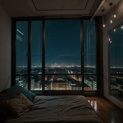 An apartment with large windows with a beautiful view of a city full of lights at night