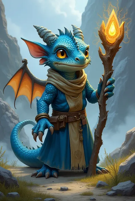 Create an RPG character, he is a kobold druid. Its scales are blue, the background resembles a mountain. 
Make the character more humanoid and equip him with druid clothes.
Make him with his staff in hand Make the staff more magical He is a druid who encha...