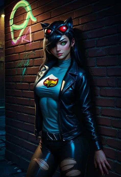 score_9, score_8_up, score_7_up, detailed, 1girl, Catwoman , dc comics character , sexy k solo, intricate details, chromatic aberration, realistic, long hair, black hair, cat ears head ornament, vivid colors highlights, hair over one eye, green eyes, earri...