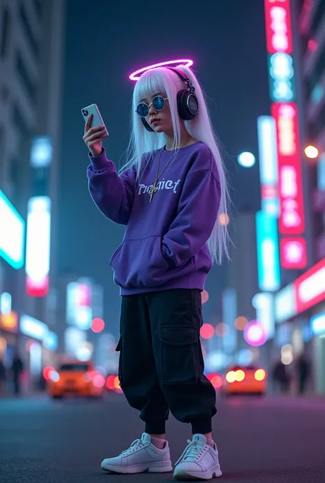 demon girl, Height 1.70 rainbow colored halo,white and blue hair ,silver cross necklace,Sunglasses, purple sweatshirt, black cargo pants,WHITE TENNIS, helmet headphones, holding her cell phone, walking through a big city at night poses for a photo 