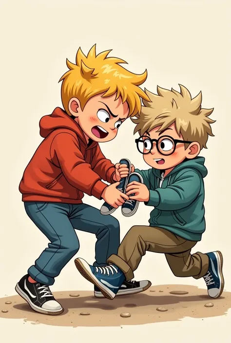 A blond boy fighting with a boy with glasses and light curly hair to take off his sneakers and throw them away
