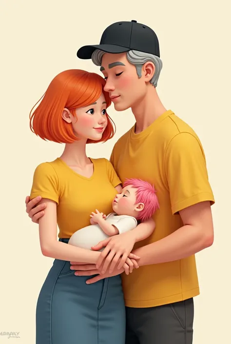 Create a family chart.
The mom with her short orange hair,She is wearing a yellow shirt and a denim skirt, She is holding her baby.
The baby is sleeping,She has soft pink hair.
The dad is Ash with his black cap.
