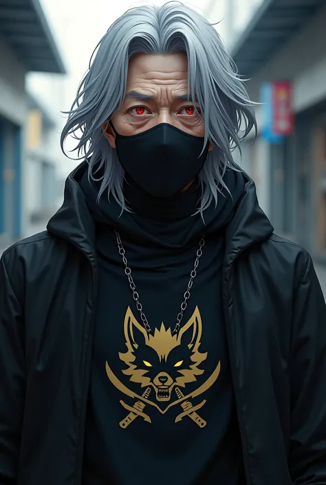 Animé, homme de 80 ans inspiré de Kakashi avec vêtement noir (logo du vêtement : tête de loup avec deux sabre), cheveux inspiré de Kuroko de couleur gris, avec masque sur la bouche, pupil rouge