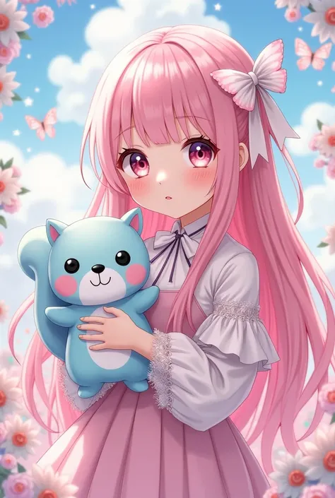 Jeune fille manga aux cheveux roses lisses ornées d’un ruban blanc, style sweet lolita, entourée de fées et tenant une peluche d’écureuil bleu ciel par la main