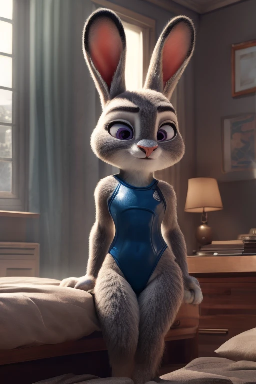 Judy Hopps, Pixar animated Zootopia style, a muscular girl wearing a leotard with a 3:1 hip to leg ratio, lying in bed in a bedroom, detailed facial features, cinematic lighting, photorealistic, 8K, hyper detailed, masterpiece