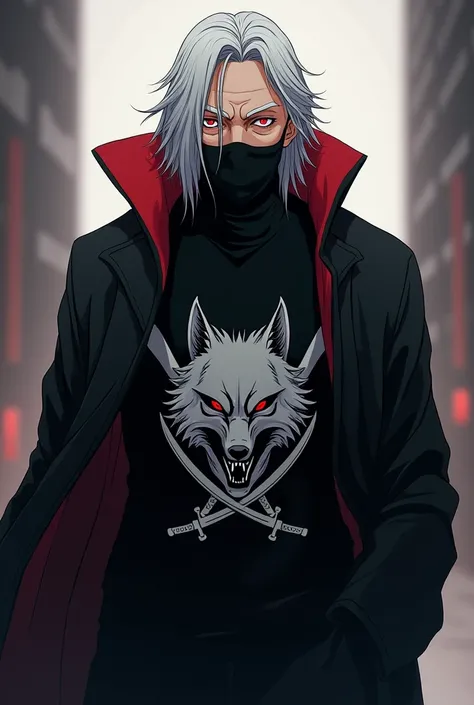 Animé, homme de 80 ans inspiré de Kakashi avec vêtement noir (logo du vêtement : tête de loup avec deux sabre), cheveux inspiré de Ichigo de couleur gris, avec masque sur la bouche, pupil rouge, corps complet