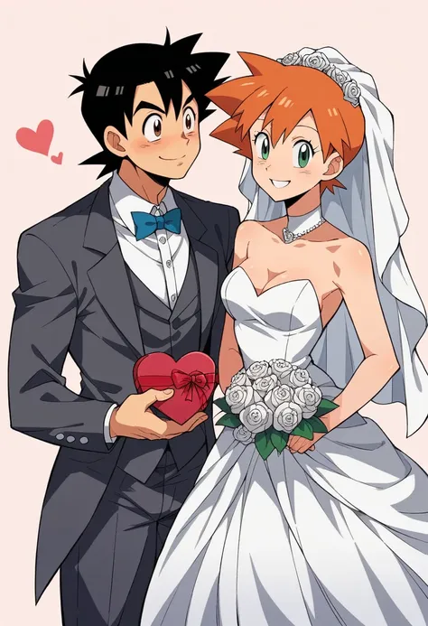 1boy, black hair, brown eyes, hair between eyes, ash ketchum, groom, suit, handsome boy, macho, good looking boy 1girl, misty pokemon, orange hair, hair down, green eyes, bride, pretty, beautiful girl photograph of a 18 years old couple, Masterpiece, Valen...