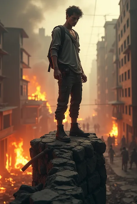 Creates an image of a young man walking on top of a wall looking at everyone below desperately in fire