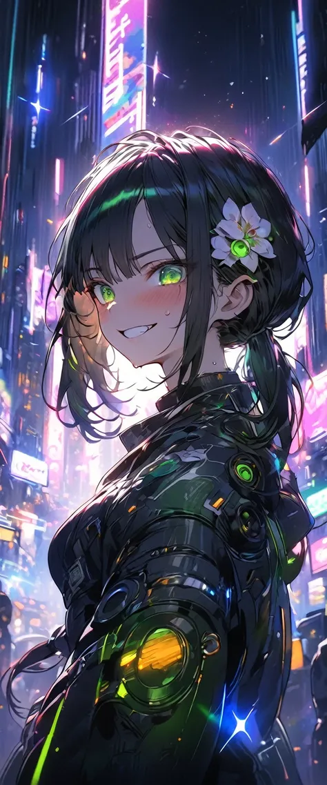 cyberpunk style black hair woman, city night background, low ponytail, hair flower, emerald green eyes, nervous smile, action pa...