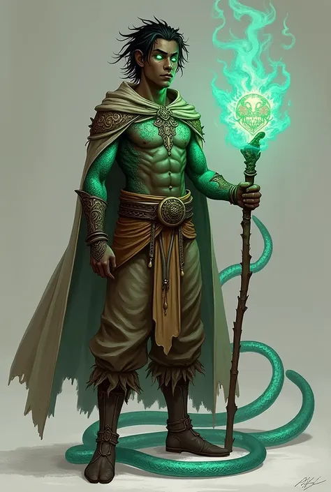 Create a rpg character He is a pure blood yuan ti He is a druid, and dresses accordingly He is a black man and on his skin he has some green scales His eyes are similar to those of a snake He commands a spirit in the form of a serpent He is a wizard He dre...