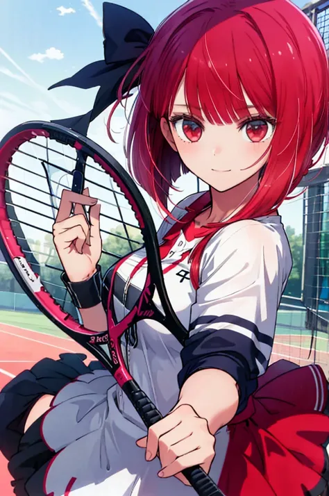 1girl, Tony Taka style,red hair,Bob Hair,Red Eye,Tennis court,Tennis Wear,tennis racket,Play tennis,smile,飛び散る汗,