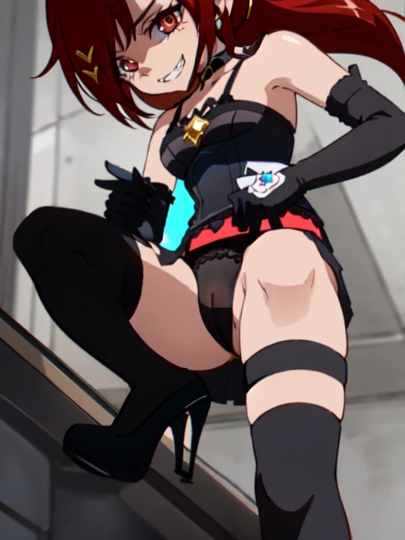 (((Highest quality)), ((masterpiece)), (detailed), prison, One person, akanechan,  ((((from below:1.3)))), femdom, dominatrix, ((looking at viewer)), ((bare shoulders)), ((black bustier)), ((black stockings)), ((black g-string)), ((black high heels)), ((bl...