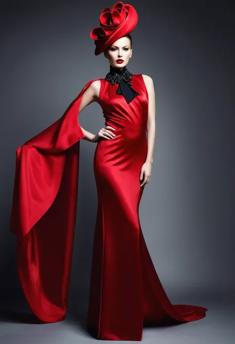 beautiful sexy woman, beautiful avant-garde style, full length , Beautiful red silk clothes ,  Accessories ,Bag,