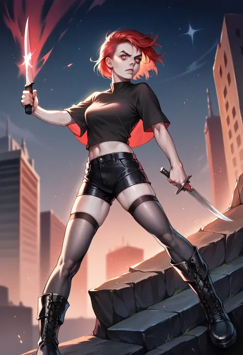 Best quality, masterpiece, ultra high resolution, (photorealistic: 1.4), 1 girl on a cliff in full growth, Scarlet Hair, red sparkling eyes, pale skin, in anger, Holding a knife in his hand, black himself, black shorts, black and gray striped stockings, Ar...