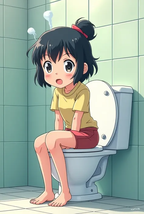 Create an anime character peeing in the toilet 
