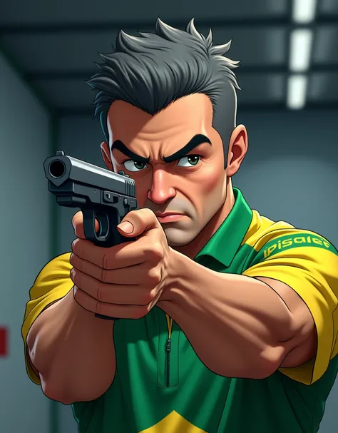 Yusuf Dikeç. ((Anime, Manga art-style) Brazilian native a (middle-aged) 50y male athlete, olimpic games, professional sports shooter pistol ar 10 Metres, BRAZILIAN flag clothing-green/yellow, text “PIVARTS”, natural build, confident calm posture, strong de...