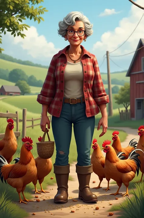 Create a robust grandmother with short gray hair, with glasses with jeans , plaid shirt with rubber boots on a farm feeding chickens 